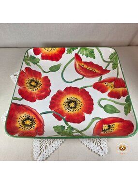 Clay Art Poppies Hand-Painted Square Serving Dish 14" Floral Design StoneLite 20